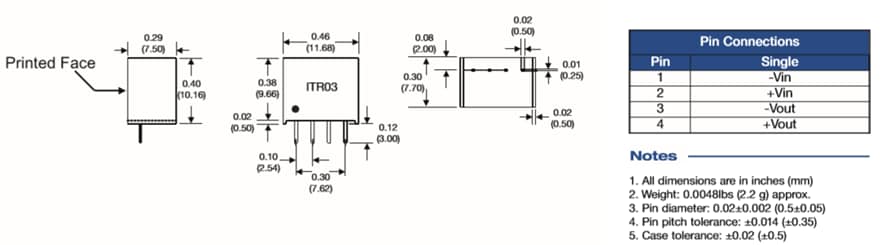 Mechanical Drawing - XP Power ITR03 3W Unregulated DC-DC Converters